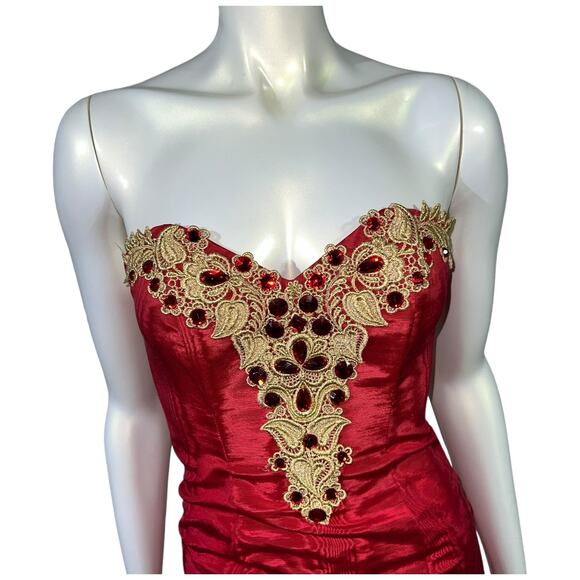 Jessica McClintock Gunne Sax Red Strapless Mini Dress with Gold Lace - Size 3/4 - Picture 8 of 16